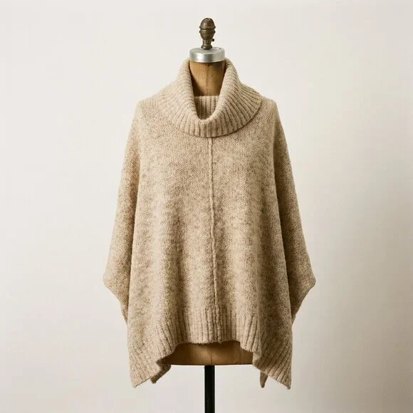 KAISLEY Scandi Neutral Heathered Cowl Turtleneck Boho Oversized Sweater Sz S - Picture 6 of 12